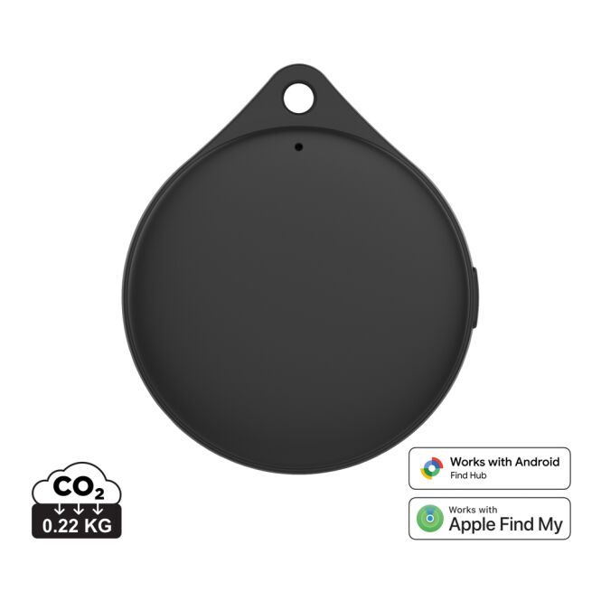 Firmengeschenk Artikelfinder Findpop Dual – schwarz – mit Logo bedruckt nachhaltig IPX5 Ortungsgerät für den Büroalltag