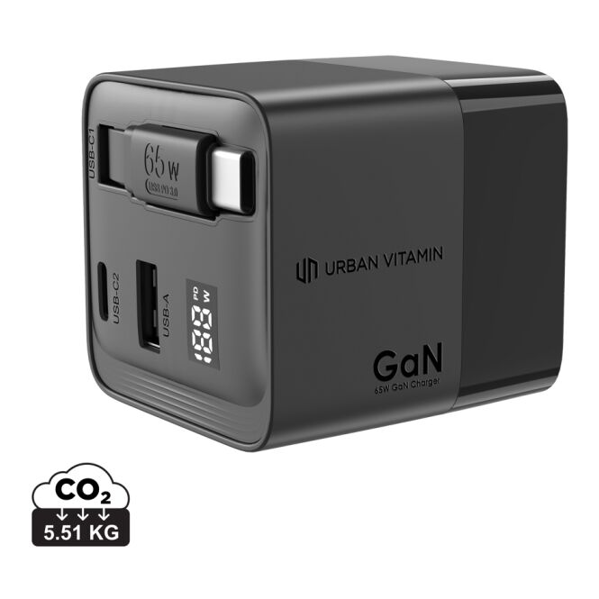 Mitarbeitergeschenk 65W GaN-Charger Urban Vitamin Mendocino – schwarz – mit Logo bedruckt, nachhaltig, für Büroausstattung und Laptops