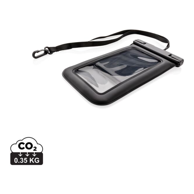 Streuartikel Handytasche IPX8 schwimmend – schwarz – mit Logo bedruckt für Technik-Messen und den Büroalltag