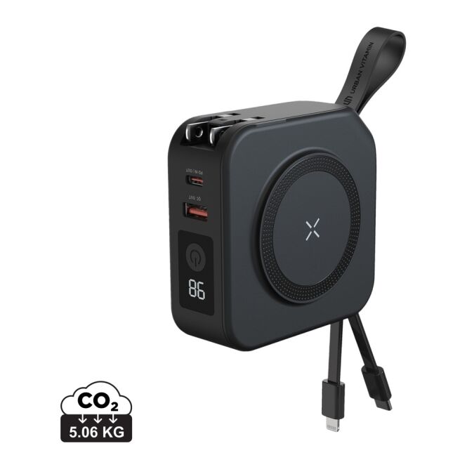 Kundengeschenk Urban Vitamin Saratoga 5-in-1 Powerbank – schwarz – mit Logo bedruckt 10.000mAh 15W Wireless Charger für das Homeoffice