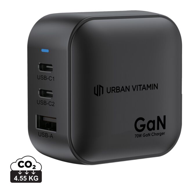 Firmengeschenk Urban Vitamin Santa Cruz 70W GAN-Ladegerät – schwarz – mit Logo bedruckt nachhaltig für das Homeoffice