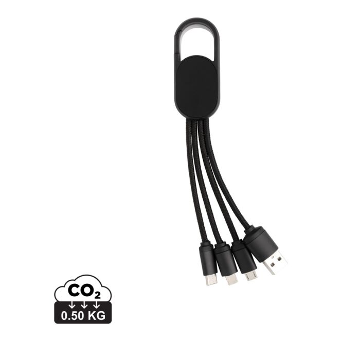 Streuartikel 4-in-1 Ladekabel mit Karabiner – schwarz – mit Logo bedruckt 10cm USB-C kompatibel für den Büroalltag
