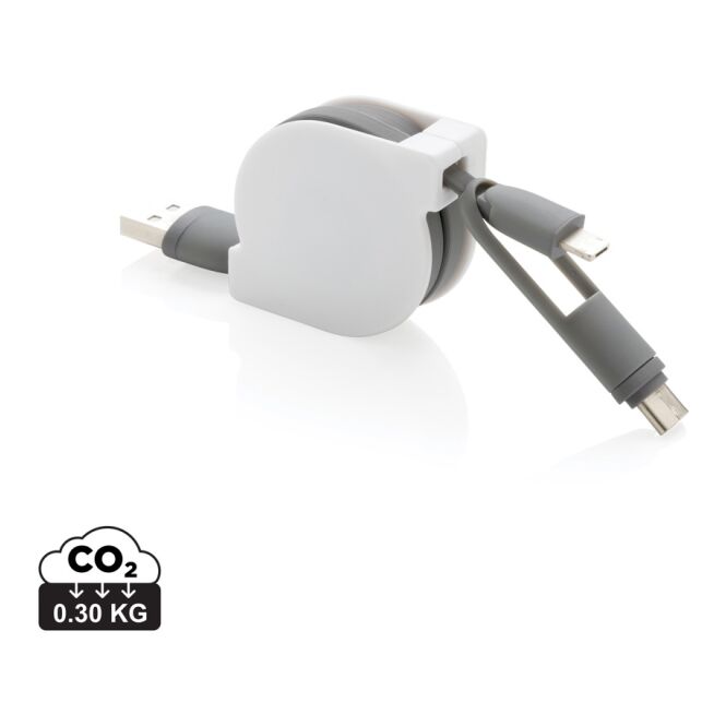 Werbeartikel 3-in-1 ausziehbares Ladekabel – grau – mit Logo bedruckt 100cm USB-C Micro-USB für den Büroalltag