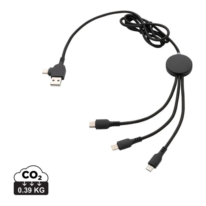 Werbeartikel 6-in-1 Ladekabel Light-Up – schwarz – mit Logo bedruckt 120 cm Kabellänge USB-C und iOS Anschlüsse für den Büroalltag