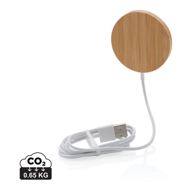 Premium-Werbeartikel Wireless Charger Bambus 10W – braun – lasergraviert nachhaltig für das Homeoffice mit Magnet QI-Standard
