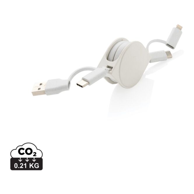 Werbeartikel 6-in-1 Ladekabel RCS-recycelt – weiss – mit Logo bedruckbar 5 Anschlüsse für den Büroalltag nachhaltiges Tech-Zubehör