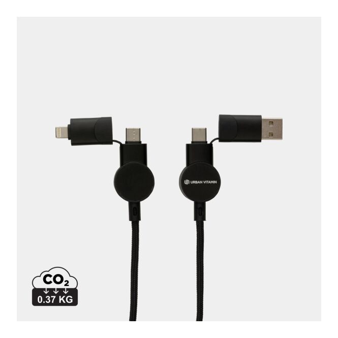 Werbeartikel 6-in-1 Fast-Charging Kabel Oakland 1,2m – schwarz – mit Logo bedruckt nachhaltig 45W USB-C für den Büroalltag