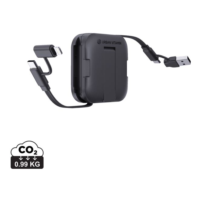 Werbeartikel Handyhalter Urban Vitamin San Jose – schwarz – mit Logo bedruckt 100W USB-C 100cm Kabel nachhaltig für den Büroalltag