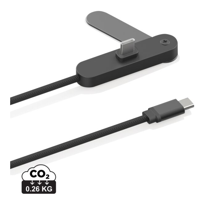 Werbeartikel Aluvia 65W USB-C-Kabel mit Handyhalter – schwarz – mit Logo bedruckt, nachhaltig aus recyceltem TPE für den Büroalltag
