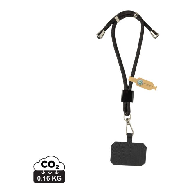 Streuartikel CarryLoop Handy-Armband – schwarz – mit Logo bedruckt nachhaltig aus recyceltem rPET für den aktiven Büroalltag