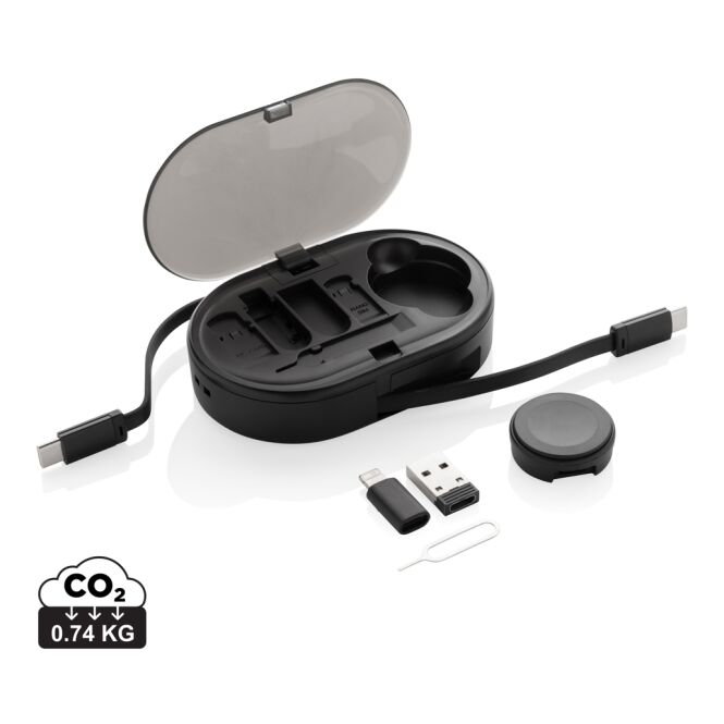 Streuartikel Chargevix 60W-Lade-Set – schwarz – mit Logo bedruckt nachhaltig 4-in-1 USB-C Kabel für den Büroalltag