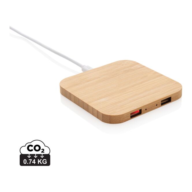 Kundengeschenk Wireless Charger Bambus – braun – lasergraviert 5W Qi-Standard nachhaltiges Öko-Tech für das Homeoffice