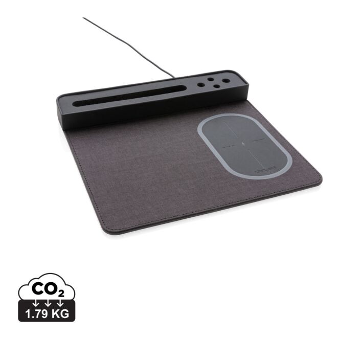 Mitarbeitergeschenk Air Mauspad mit 5W Wireless Charger – schwarz – mit Logo bedruckt, inklusive Smartphone-Ständer für das Homeoffice
