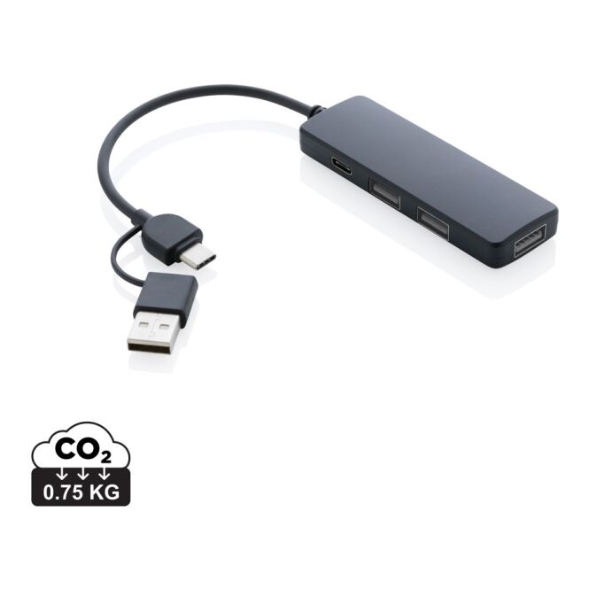 Mitarbeitergeschenk nachhaltiger USB-Hub RCS recycelt – schwarz – mit Logo bedruckt 3x USB-A 2.0 1x Typ-C für die Büroausstattung