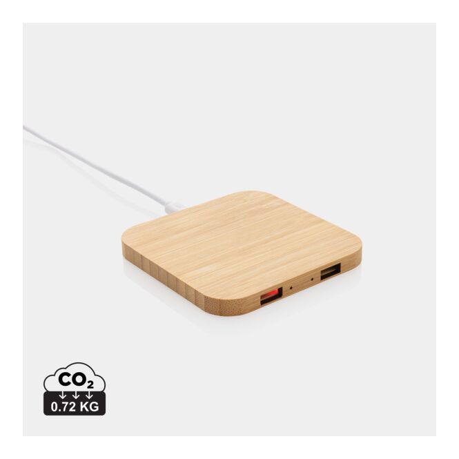 Premium-Werbeartikel Wireless Charger FSC-Bambus – braun – lasergraviert 10W Qi-Standard für das Homeoffice nachhaltig Öko-Tech