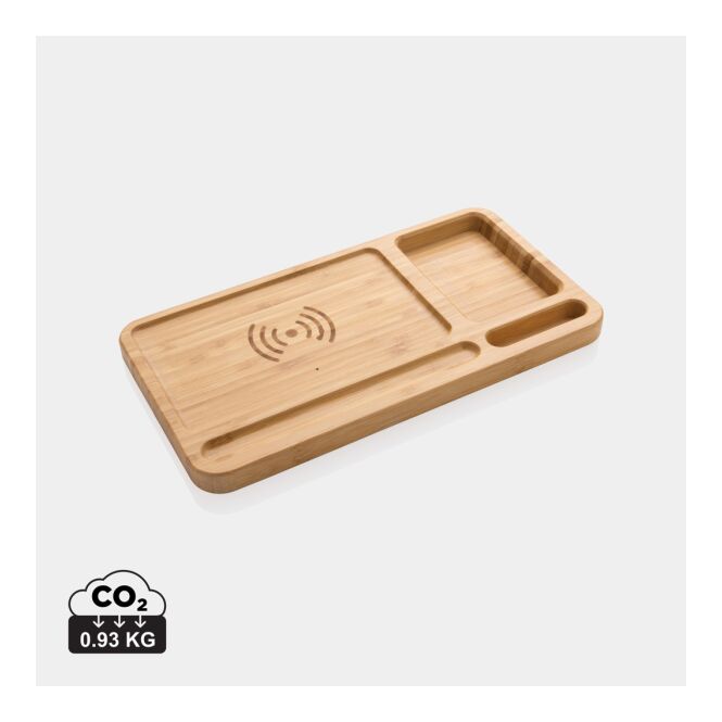 Premium-Werbeartikel Wireless Charger Bambus Desk Organizer – braun – lasergraviert 10W Schnellladen USB-C nachhaltig für das Homeoffice