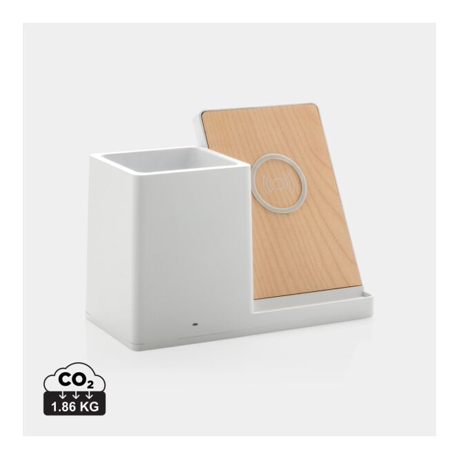 Firmengeschenk Wireless Charger Ontario – weiss – bedruckbar nachhaltig 10W mit Stiftehalter für das Homeoffice
