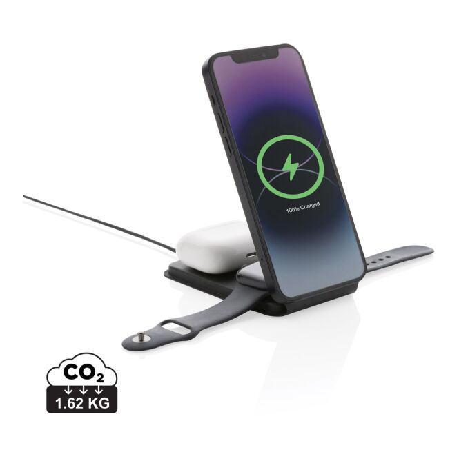 Firmengeschenk Wireless Charger Swiss Peak 15W 3-in-1 – schwarz – mit Logo bedruckt nachhaltiges Öko-Tech für das Homeoffice