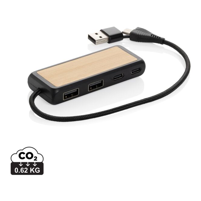 Mitarbeitergeschenk Link Dual Input USB-Hub – schwarz – mit Logo bedruckt nachhaltig aus Bambus USB 2.0 für das Homeoffice
