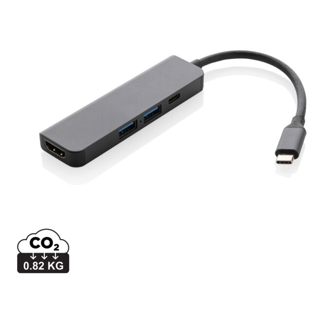 IT-Präsent Terra Hub RCS recyceltes Aluminium – grau – mit Logo bedruckt nachhaltiger USB-Hub mit 4K HDMI für die Büroausstattung