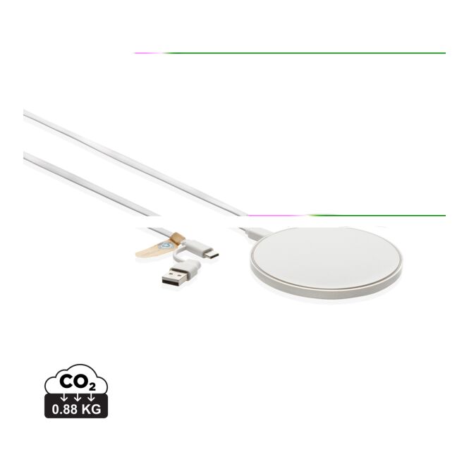 Premium-Werbeartikel Wireless Charger RCS recycelt – weiss – mit Logo bedruckt 10W USB-C Qi-Standard für das Homeoffice