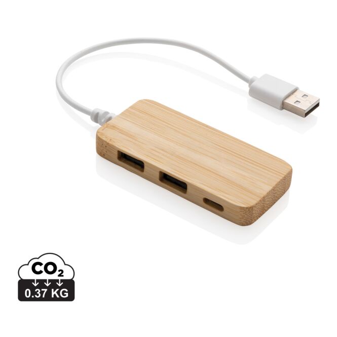 Firmengeschenk USB-Hub Bambus Typ-C – braun – lasergraviert für die Büroausstattung mit 2 USB-A Anschlüssen nachhaltig