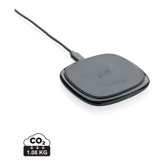 Kundengeschenk Philips Wireless Charger – schwarz – mit Logo bedruckt 10W Qi-Standard schnelles Aufladen für das Homeoffice