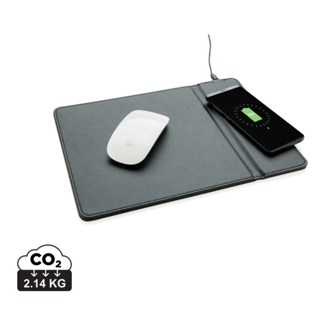 Mitarbeitergeschenk Mousepad mit Wireless-5W-Charging – schwarz – mit Logo bedruckt für die Büroausstattung und das Homeoffice