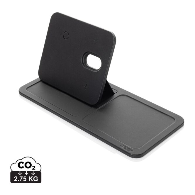 Kundengeschenk Swiss Peak 3-in-1 Wireless Charger – schwarz – mit Logo bedruckt nachhaltig für das Homeoffice 15W Qi-Standard
