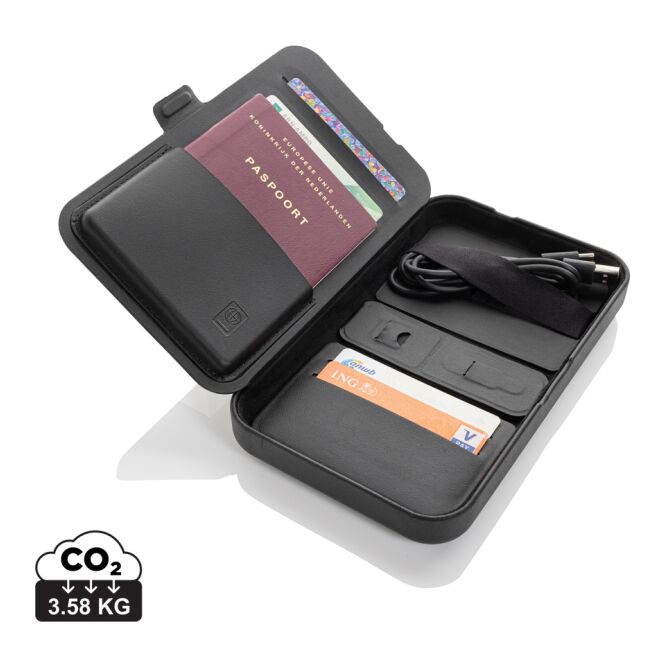 Premium-Werbeartikel Wireless Charger Swiss Peak Travel-Case – schwarz – mit Logo bedruckt 15W nachhaltig für das Homeoffice