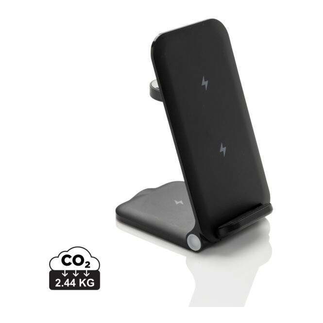 Kundengeschenk Powerpal 3-in-1 Wireless Charger – schwarz – mit Logo bedruckt 15W nachhaltig für das Homeoffice