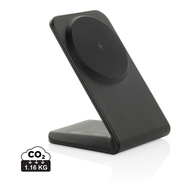 Kundengeschenk Wireless Charger VoltPerch – schwarz – mit Logo bedruckt 15W magnetisch Öko-Tech für das Homeoffice