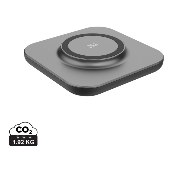 Premium-Werbeartikel Wireless Charger Quantum – grau-schwarz – mit Logo bedruckt nachhaltig 25W Qi-Standard USB-C für das Homeoffice