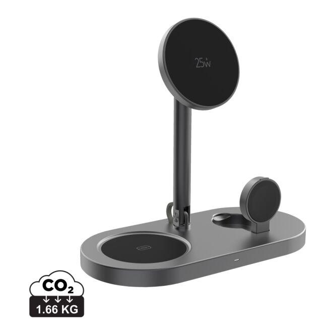 Kundengeschenk Wireless Charger Quantum Ultra-Fast 25W – grau-schwarz – mit Logo bedruckt, nachhaltiges Öko-Tech für das Homeoffice