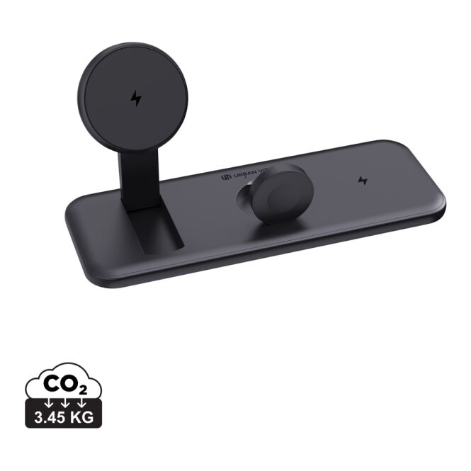 Firmengeschenk Wireless Charger Urban Vitamin Torrance – schwarz – mit Logo bedruckt 15W Qi-Standard nachhaltig für das Homeoffice