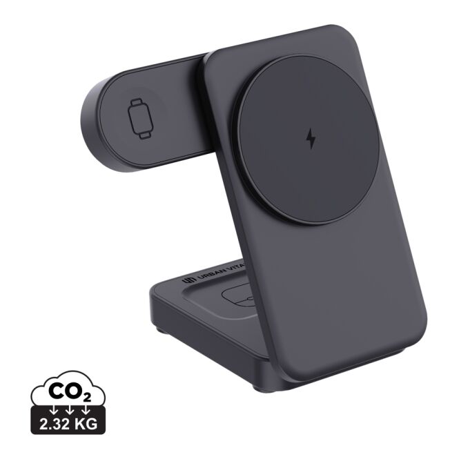 Firmengeschenk Urban Vitamin Arcadia 15W 3in1 Wireless Charger – schwarz – mit Logo bedruckt, nachhaltig aus RCS rABS für das Homeoffice