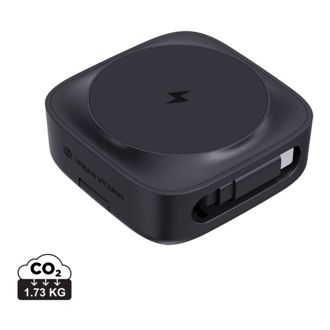 Firmengeschenk Wireless Charger Urban Vitamin Goleta – schwarz – mit Logo bedruckt 15W Qi-Standard nachhaltig für das Homeoffice