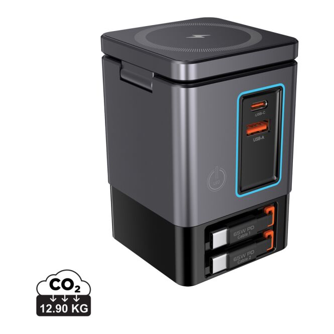 Firmengeschenk Wireless Charger Urban Vitamin Sacramento – grau-schwarz – mit Logo bedruckt 105W GaN 15W Magnet nachhaltig für das Homeoffice