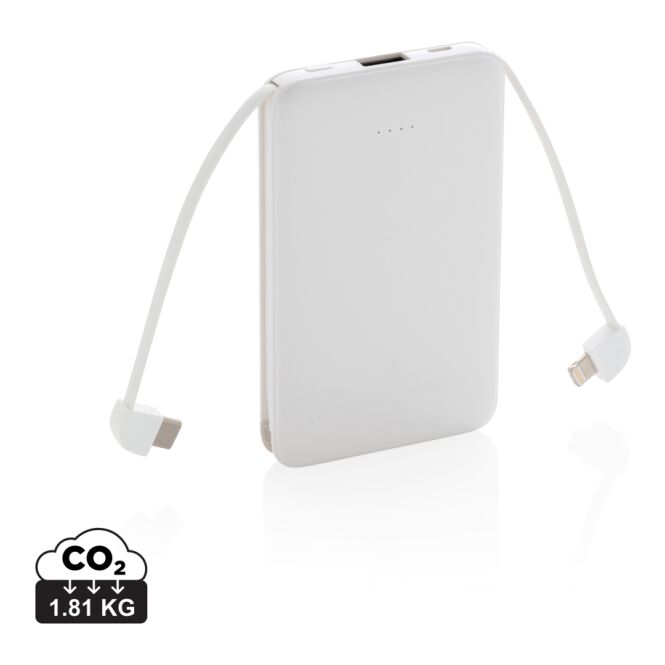 Kundengeschenk Powerbank 5.000 mAh mit integrierten Kabeln – weiss – mit Logo bedruckt für den Büroalltag