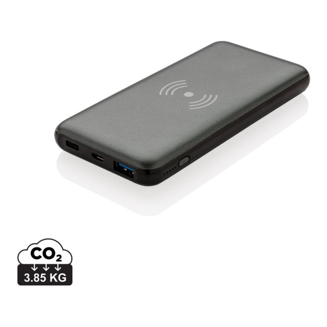 Kundengeschenk Powerbank 10.000 mAh 10W Wireless & PD – grau – mit Logo bedruckt für das Homeoffice und Mitarbeiter-Onboarding