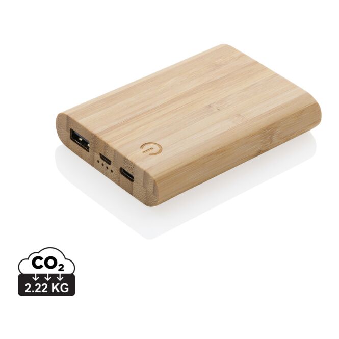 Kundengeschenk Powerbank Bambus 5.000mAh – braun – mit Logo bedruckt nachhaltig für das Homeoffice