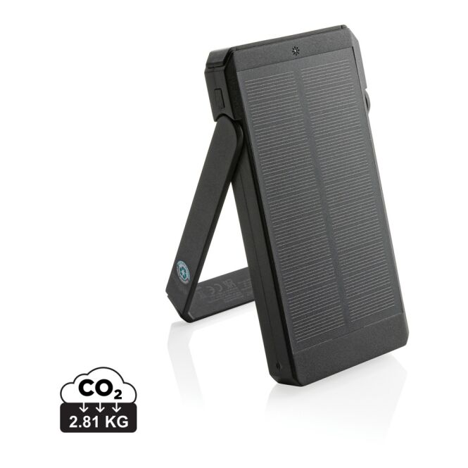 Firmengeschenk Skywave Powerbank – schwarz – mit Logo bedruckt 10.000 mAh Solar-Powerbank nachhaltig für das Homeoffice