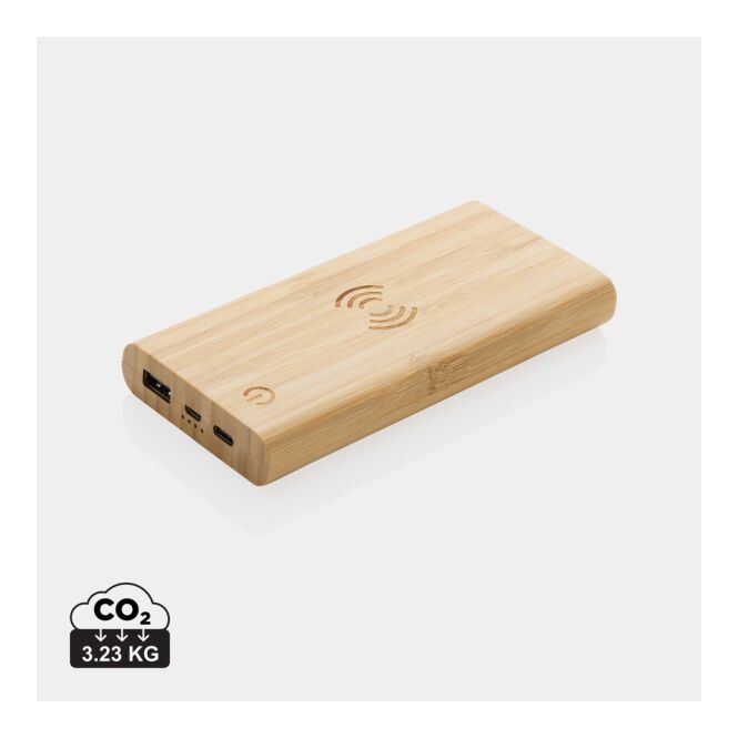 Premium-Werbeartikel Bambus-Wireless-Powerbank – braun – mit Gravur 8.000mAh 5W nachhaltig für das Mitarbeiter-Onboarding