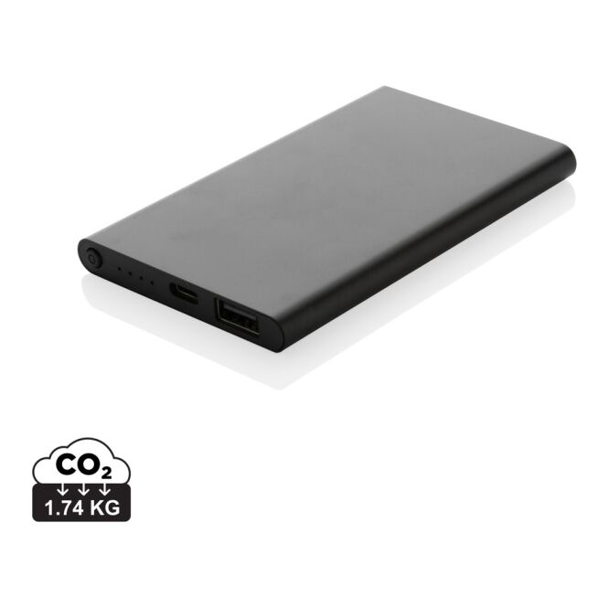 Firmengeschenk Powerbank 4.000mAh Type-C aus recyceltem Aluminium – schwarz – mit Logo bedruckt nachhaltig für das Mitarbeiter-Onboarding
