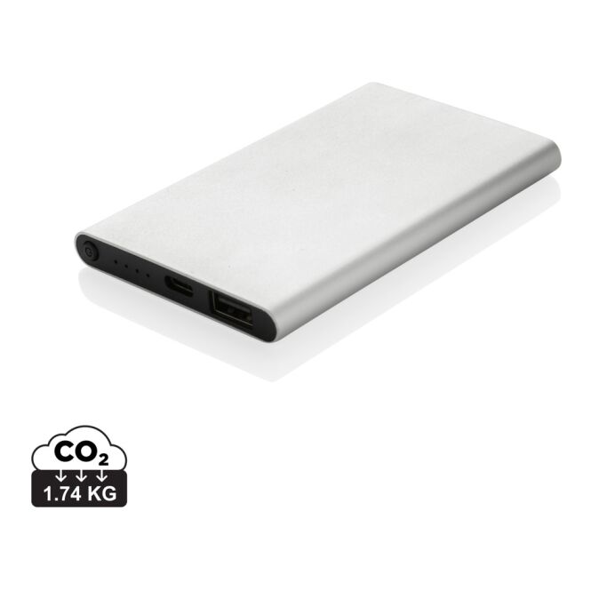 Premium-Werbeartikel Powerbank RCS recycelt Aluminium – silber – mit Logo bedruckt 4.000mAh USB-C für das Mitarbeiter-Onboarding