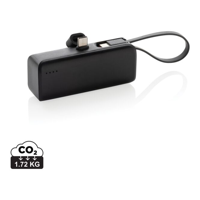Premium-Werbeartikel Powerbank Powerlink – schwarz – mit Logo bedruckt nachhaltig 3.000mAh mit integriertem USB-C Kabel für Büroalltag