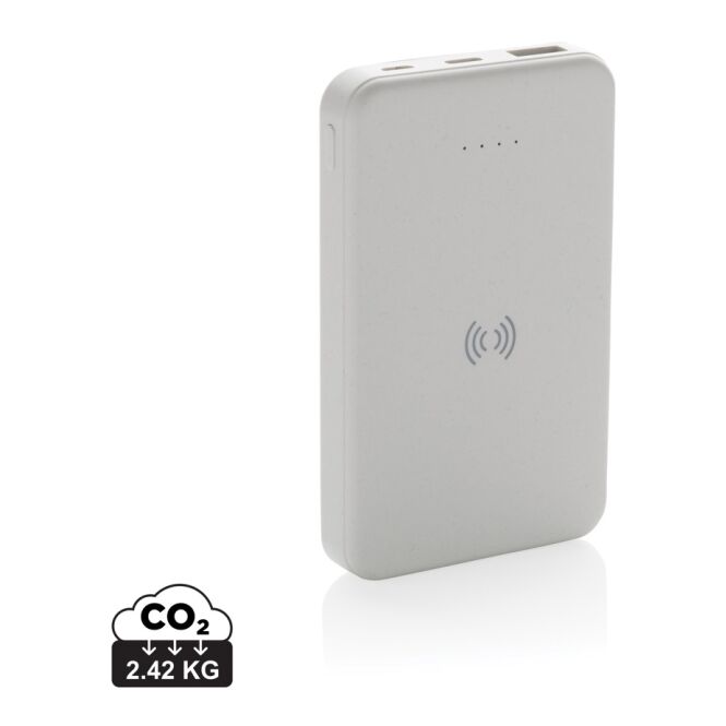 Premium-Werbeartikel Powerbank – weiss – mit Logo bedruckt 5.000mAh 5W Wireless nachhaltige Öko-Tech für das Mitarbeiter-Onboarding