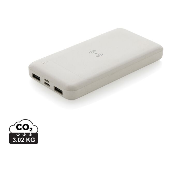 Firmengeschenk Powerbank RCS-zertifiziert – weiss – mit Logo bedruckt 8.000 mAh 5W Wireless Charger nachhaltig für das Homeoffice