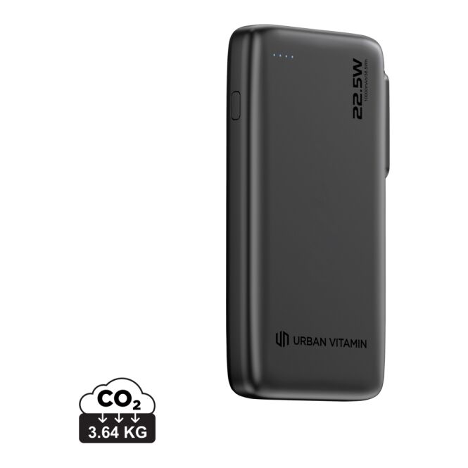 Premium-Werbeartikel Powerbank Urban Vitamin Emeryville – schwarz – mit Logo bedruckt 10.000 mAh 20W USB-C recycelt für das Homeoffice