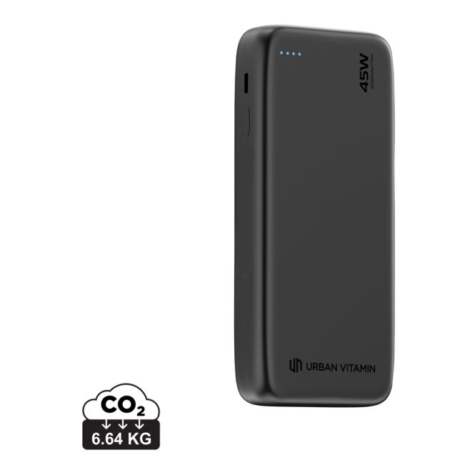 Premium-Werbeartikel Powerbank Urban Vitamin San Mateo – schwarz – mit Logo bedruckt 45W 20.000mAh USB-C nachhaltig für das Homeoffice